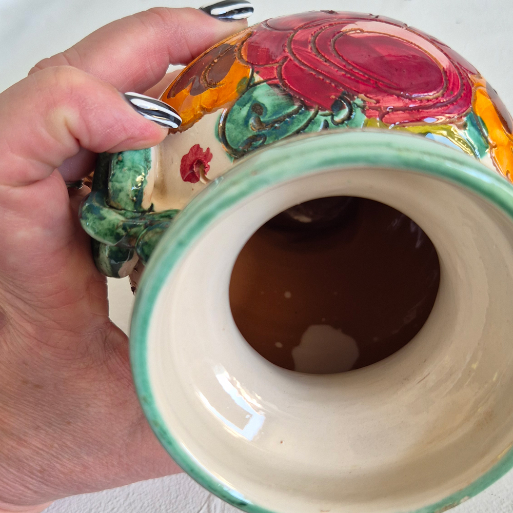 vintage VAS med flerfärgat blommönster och gröna detaljer, Italy, h 15 cm - 12
