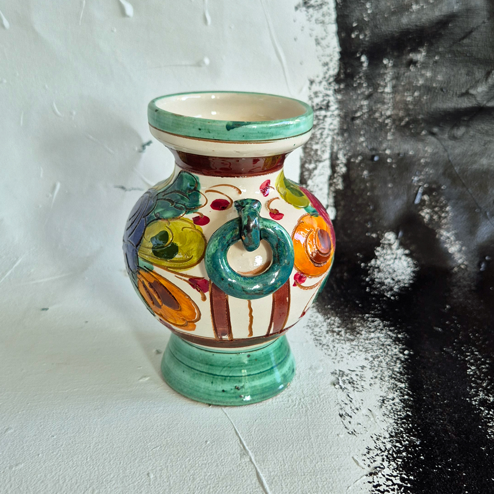vintage VAS med flerfärgat blommönster och gröna detaljer, Italy, h 15 cm - 5
