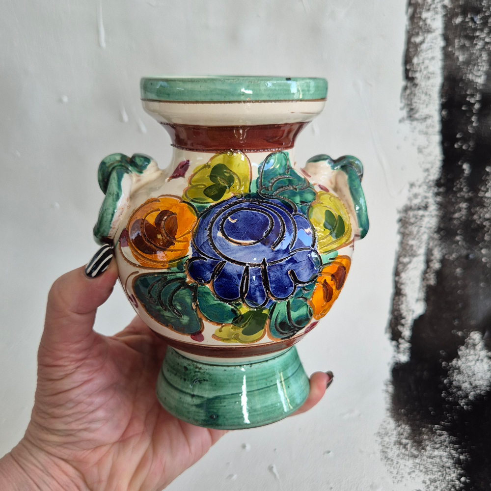 vintage VAS med flerfärgat blommönster och gröna detaljer, Italy, h 15 cm - 6
