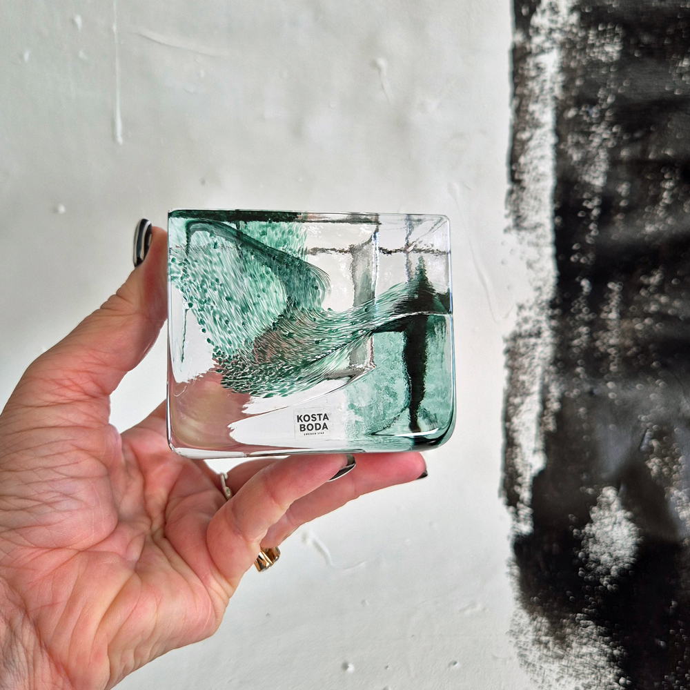 vintage LJUSLYKTA glas, klar/grönt, design Brick av Anna Ehrner för Kosta Boda, h 7,5 cm - 10