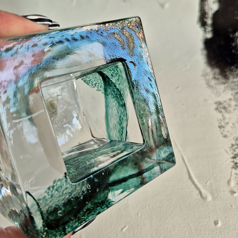 vintage LJUSLYKTA glas, klar/grönt, design Brick av Anna Ehrner för Kosta Boda, h 7,5 cm - 12