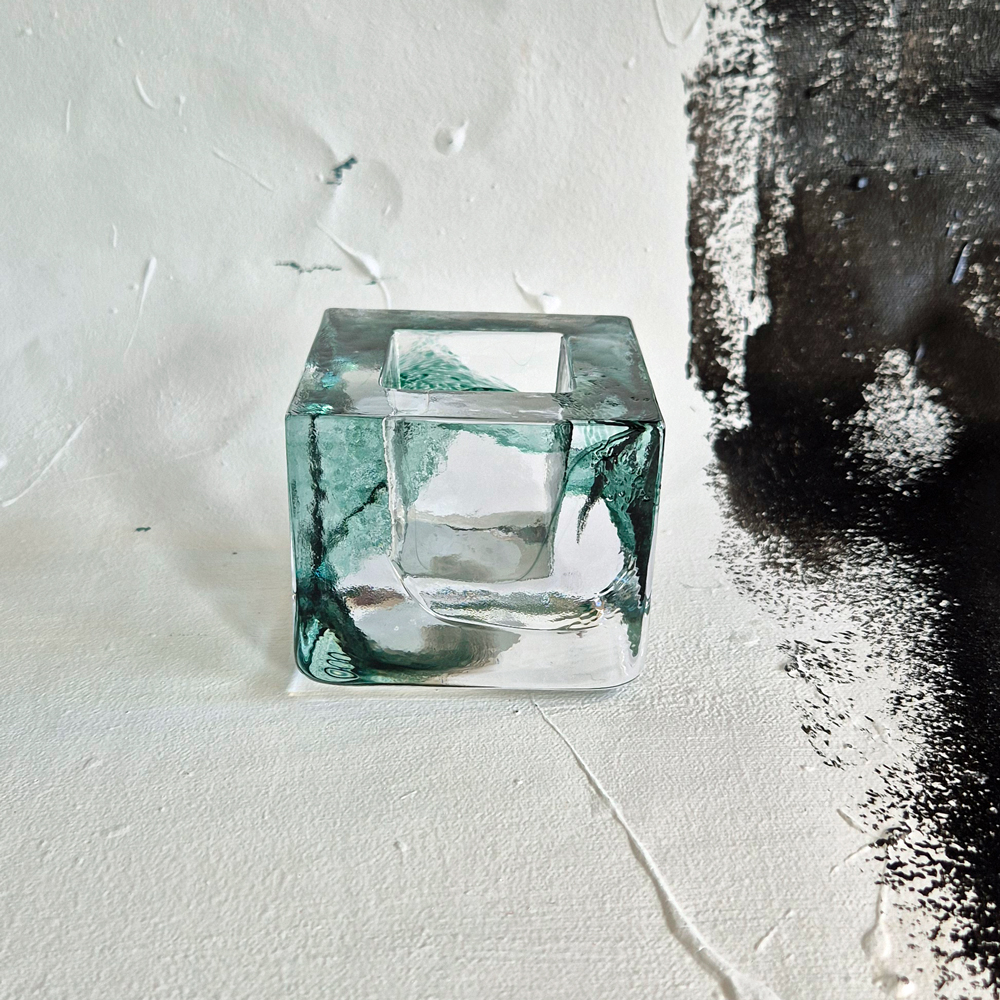 vintage LJUSLYKTA glas, klar/grönt, design Brick av Anna Ehrner för Kosta Boda, h 7,5 cm - 4