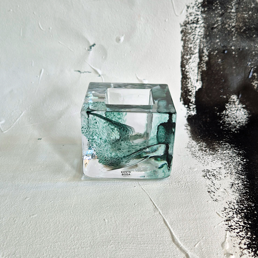 vintage LJUSLYKTA glas, klar/grönt, design Brick av Anna Ehrner för Kosta Boda, h 7,5 cm - 2
