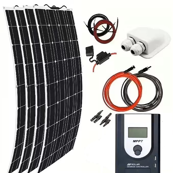 Solpanelspaket 400W med 4 st. 100W flexibel solpanel och 30A MPPT regulator, 12/24V, husbil - husvagn - båt