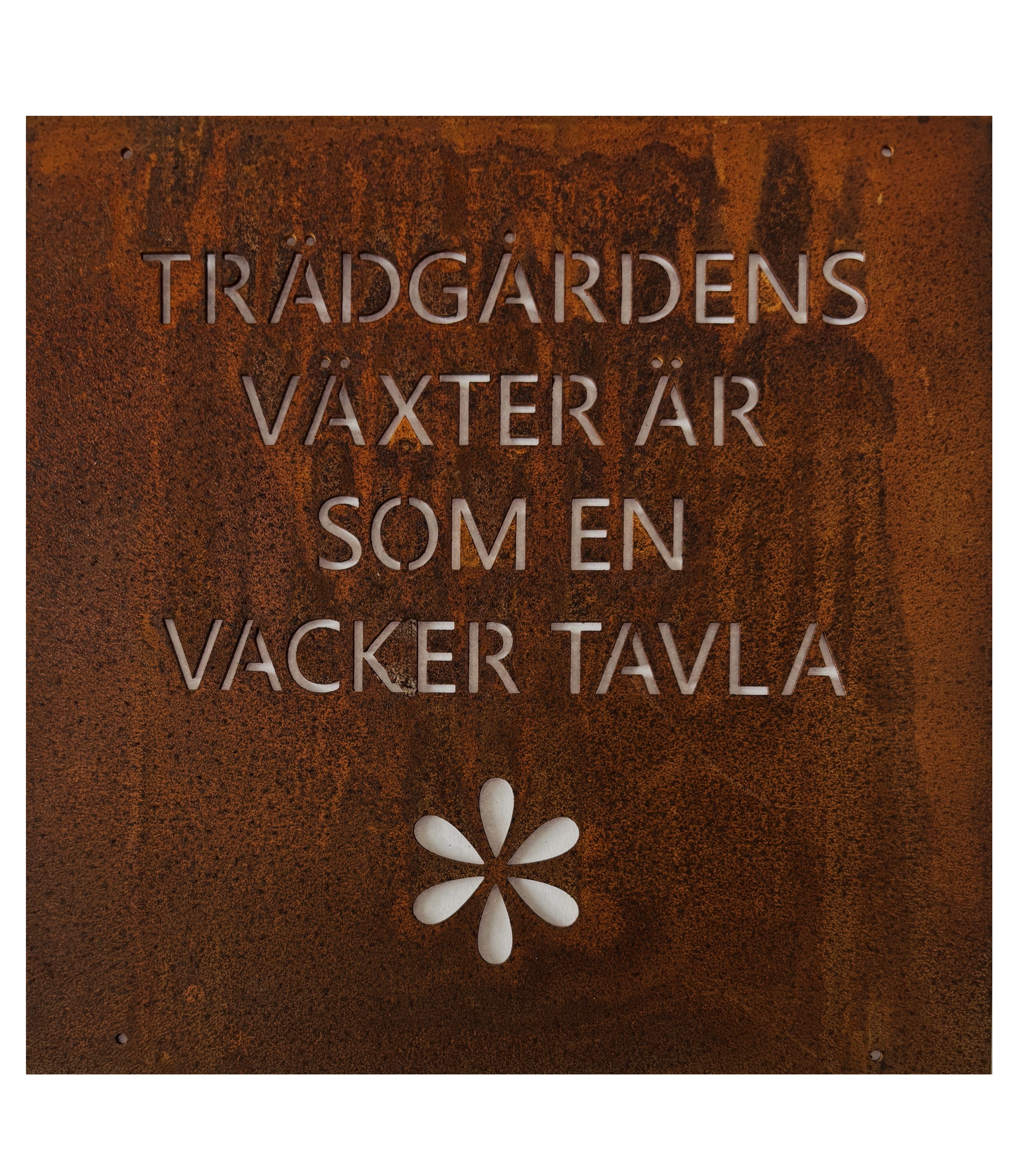 Rostig skylt till armeringsnät text: TRÄDGÅRDENS VÄXTER ÄR... 14 cm