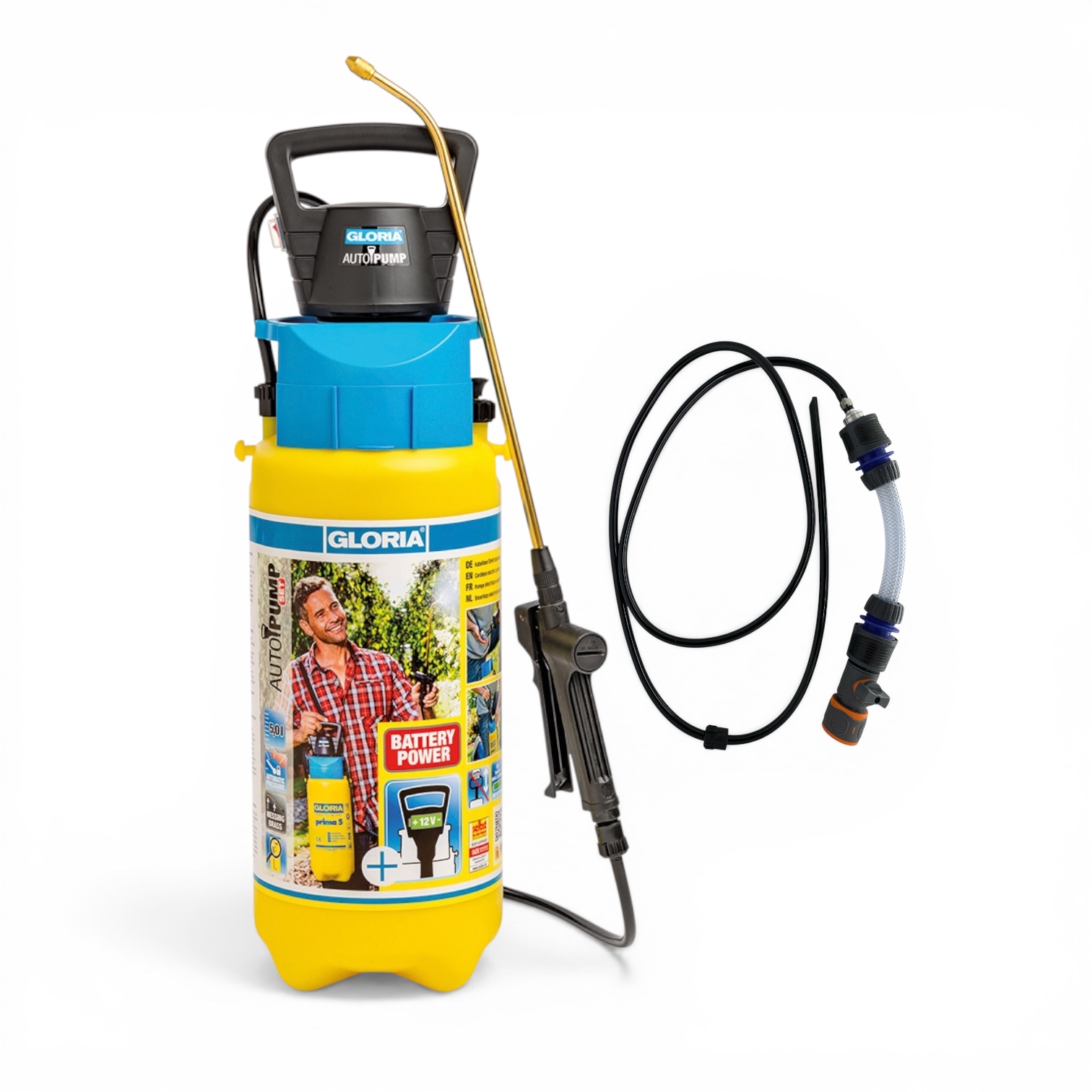 Package containing the Gloria battery-powered pressure washer, Autopump set, and Taksopen hose set (item no. TB50) to connect the pressure washer to the telescoping water wand