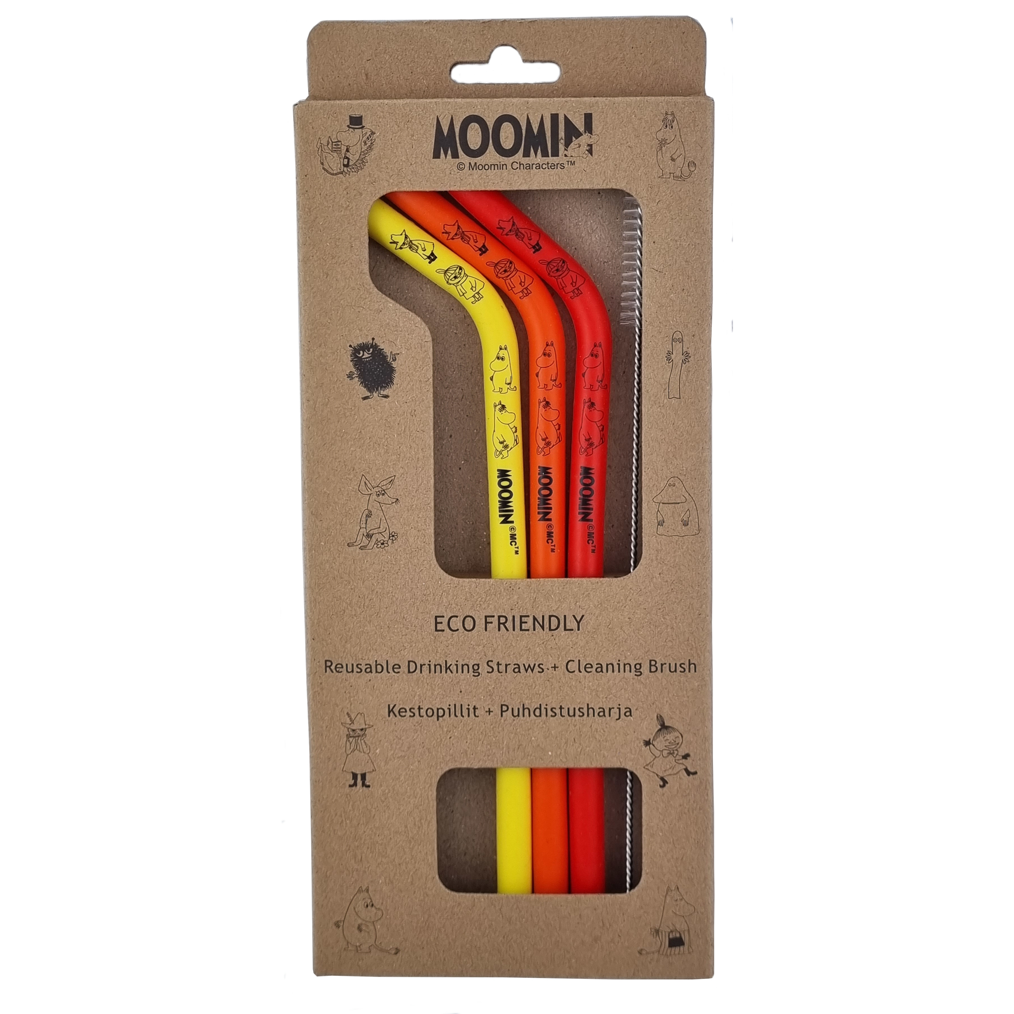 Mumin Silikon Sugrör 3-Pack + Rengöringsborste - Gul, Orange, Röd