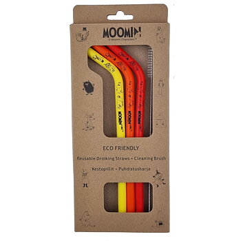 Moomin Silicone Straws 3-Pack + Cleaning Brush - Yellow, Orange, Red