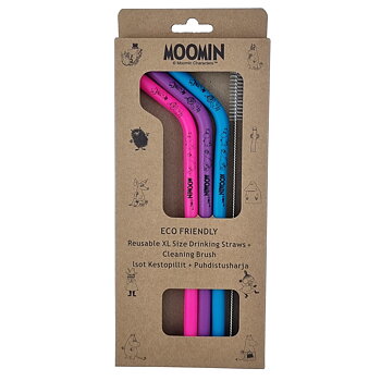 Moomin Silicone Straws 3-Pack + Cleaning Brush - Pink, Purple, Blue