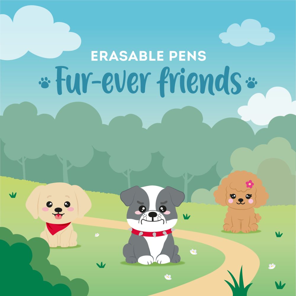 Erasable gel pen, 3-pack, Fur-ever Friends, Golden retriever/Bulldog/Pudel (hundar), Limited edition - 3