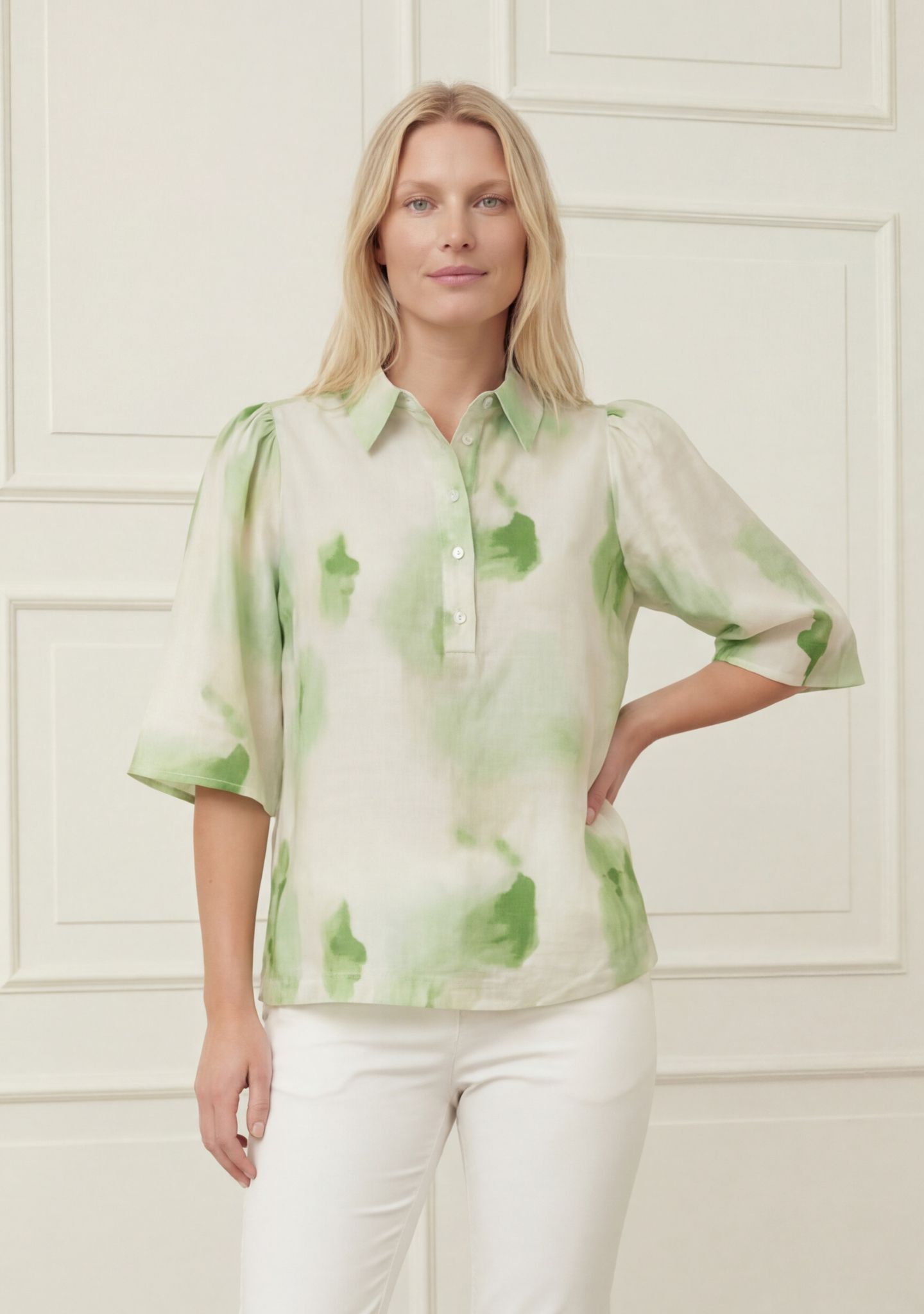 Ane Placket Blouse - Green Watercolor - Isay