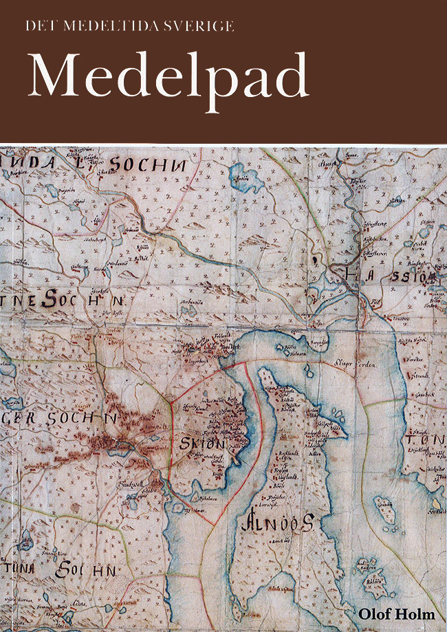 Front page of the book with a colorful map and color field in brown with the text Medelpad.