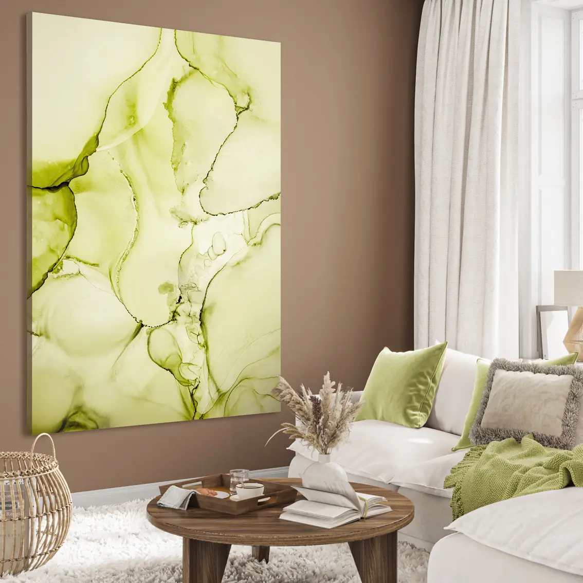 Lerretsbilde med grønne abstrakte årer i lime toner. Motivet viser myke lag som gir dybde og bevegelse.