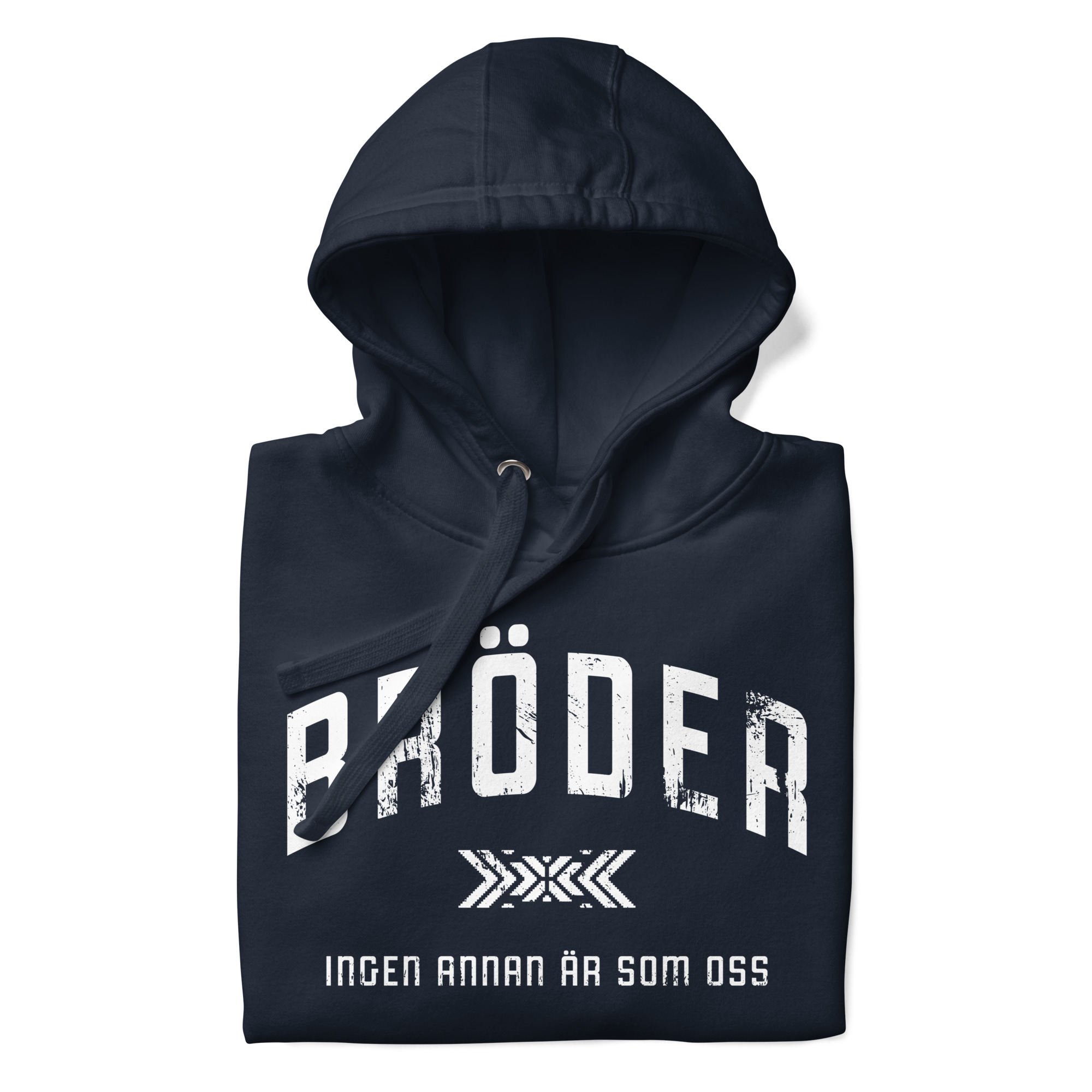 Mjuk premiumhoodie med trycket “Bröder – ingen annan är som oss” i vitt på bröstet. Dubbelfodrad huva med dragsnöre och praktisk framficka. Finns i storlekarna S–3XL. Material: 65 % bomull, 35 % polyester.