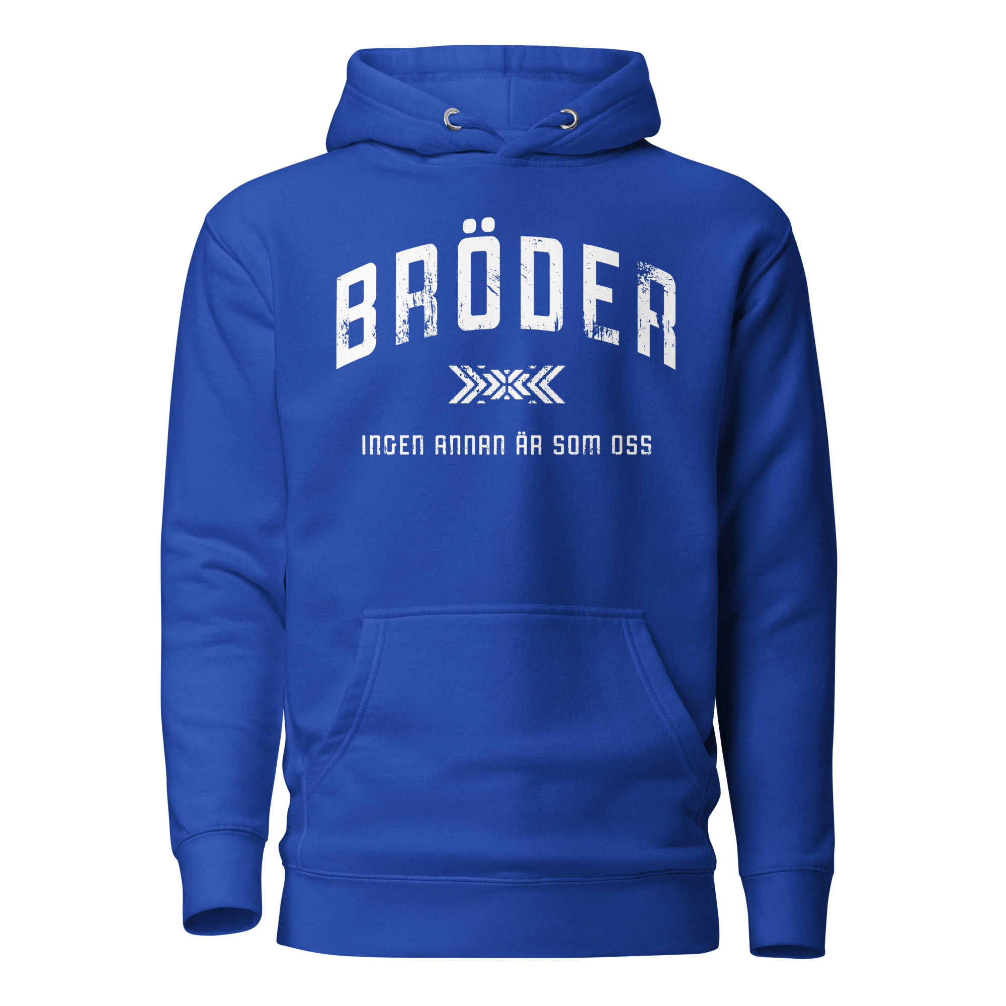 Mjuk premiumhoodie med trycket “Bröder – ingen annan är som oss” i vitt på bröstet. Dubbelfodrad huva med dragsnöre och praktisk framficka. Finns i storlekarna S–3XL. Material: 65 % bomull, 35 % polyester.
