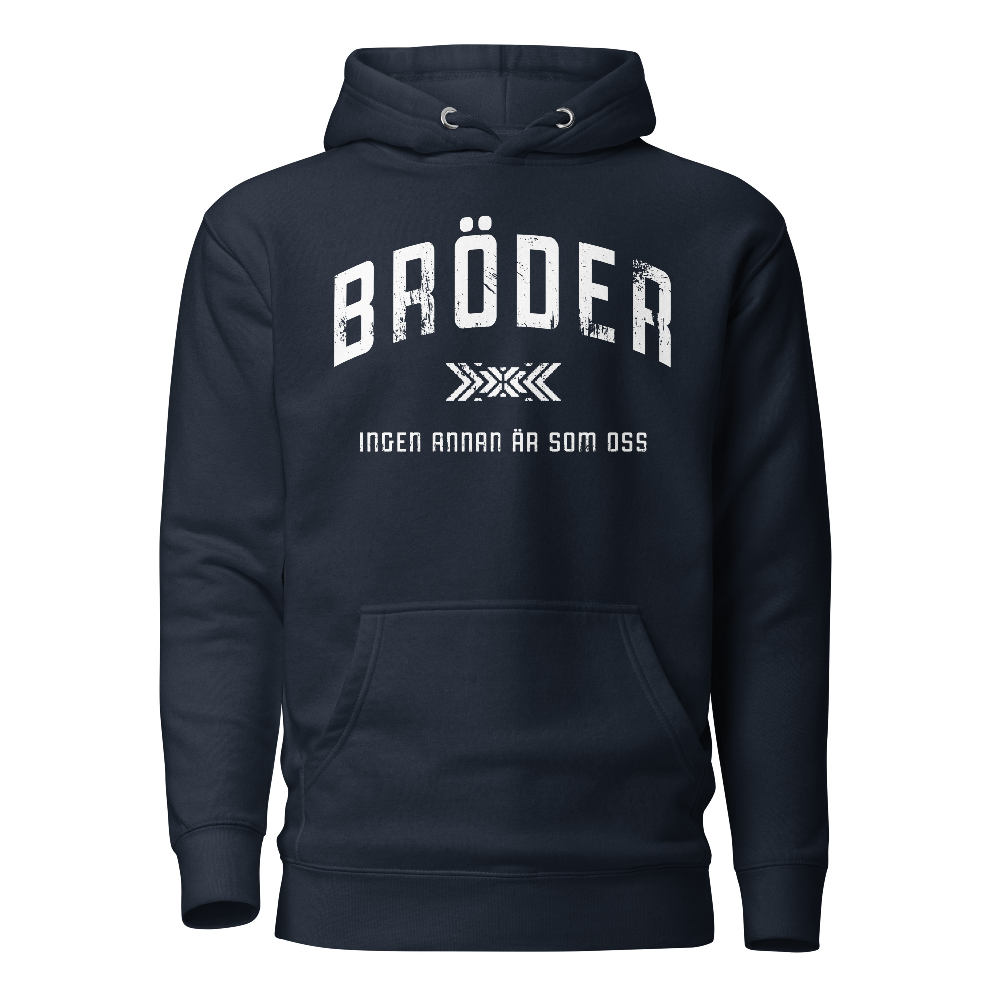 Mjuk premiumhoodie med trycket “Bröder – ingen annan är som oss” i vitt på bröstet. Dubbelfodrad huva med dragsnöre och praktisk framficka. Finns i storlekarna S–3XL. Material: 65 % bomull, 35 % polyester.