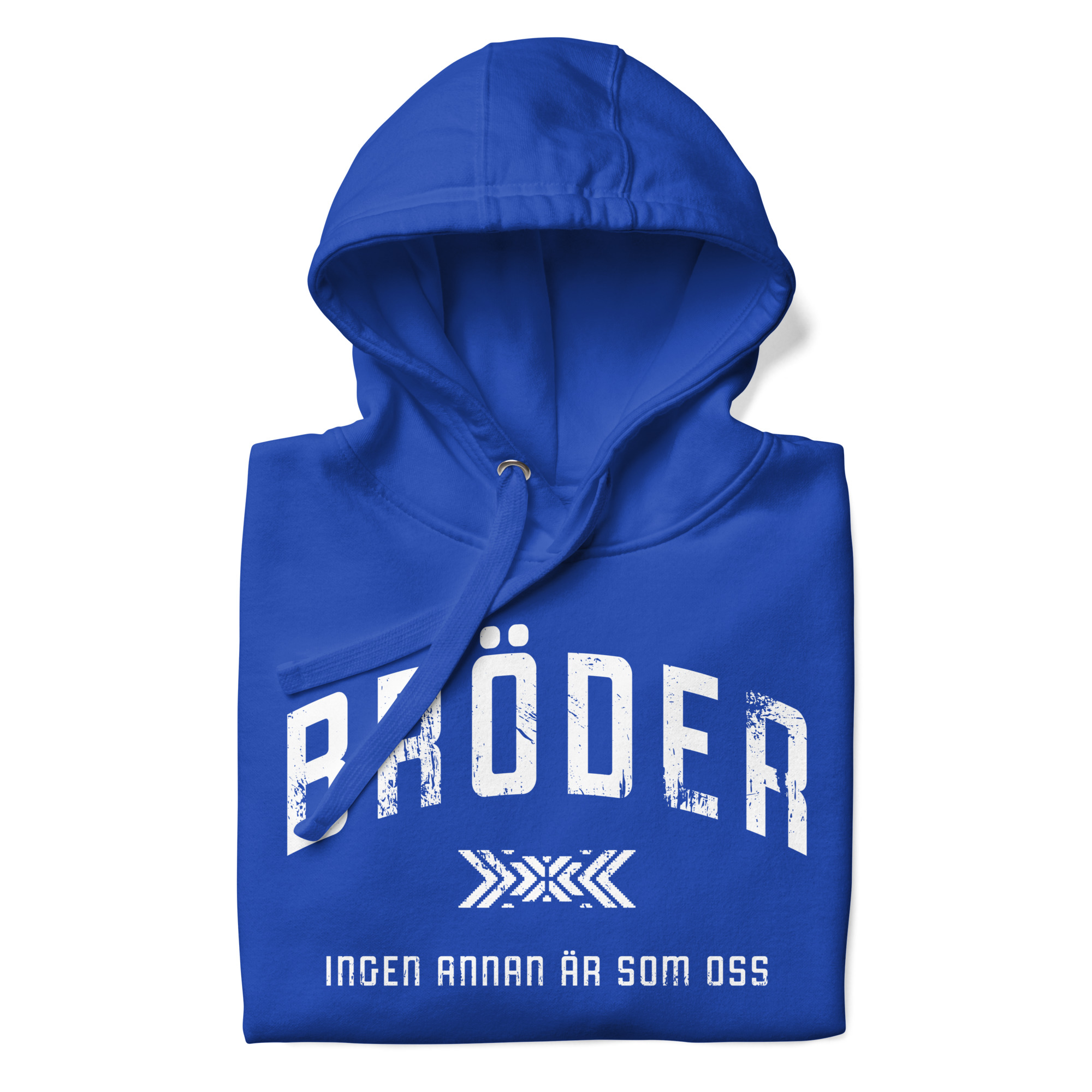 Mjuk premiumhoodie med trycket “Bröder – ingen annan är som oss” i vitt på bröstet. Dubbelfodrad huva med dragsnöre och praktisk framficka. Finns i storlekarna S–3XL. Material: 65 % bomull, 35 % polyester.