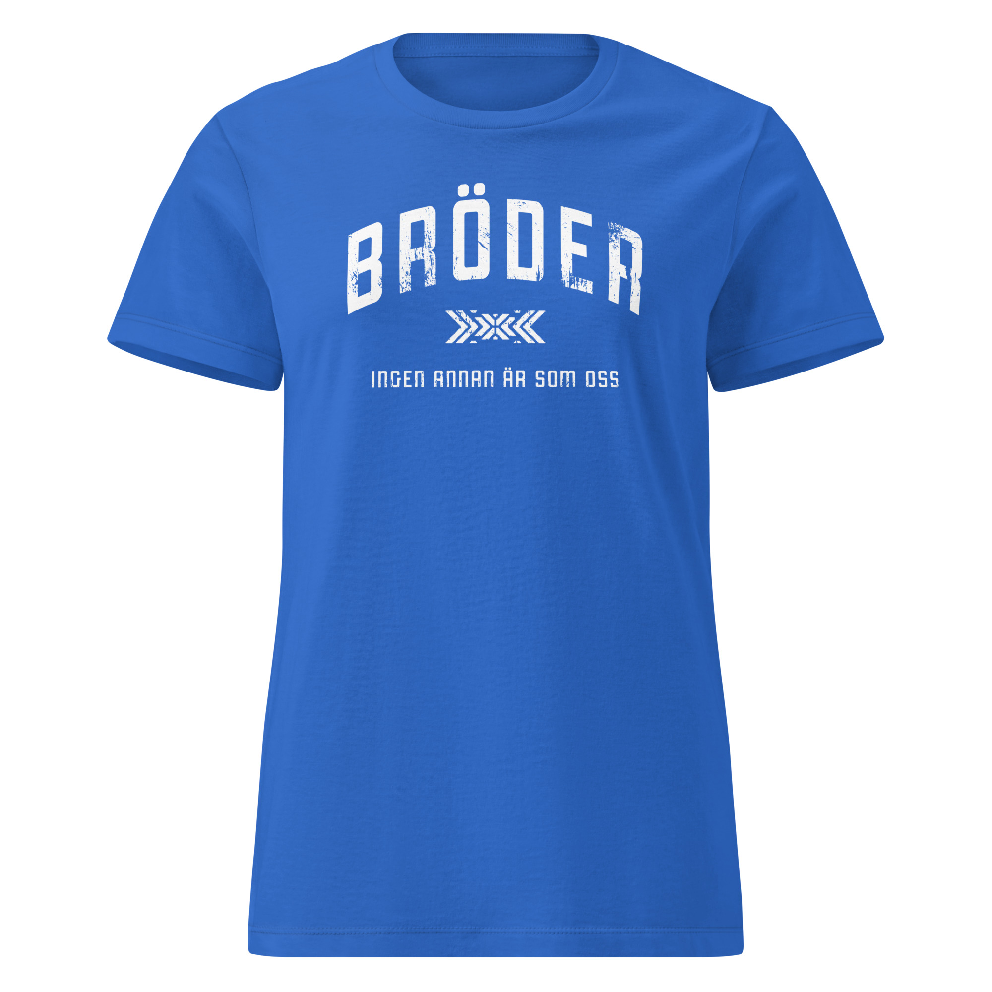 Mjuk t-shirt i dammodell med en lätt figurnära passform och trycket “Bröder – ingen annan är som oss” i vitt på bröstet. Finns i storlekarna: S–2XL. Material: 100 % bomull.