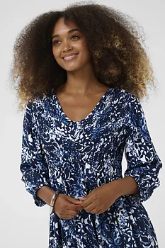 Cream Tiah Smock Dress Navy Blue Toile