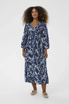 Cream Tiah Smock Dress Navy Blue Toile