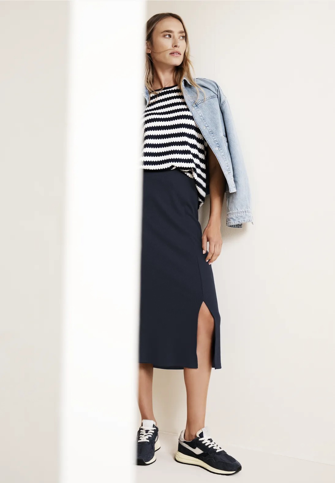 Style Pepita Rib Solid Skirt - Shadowed Navy - Street One - 3