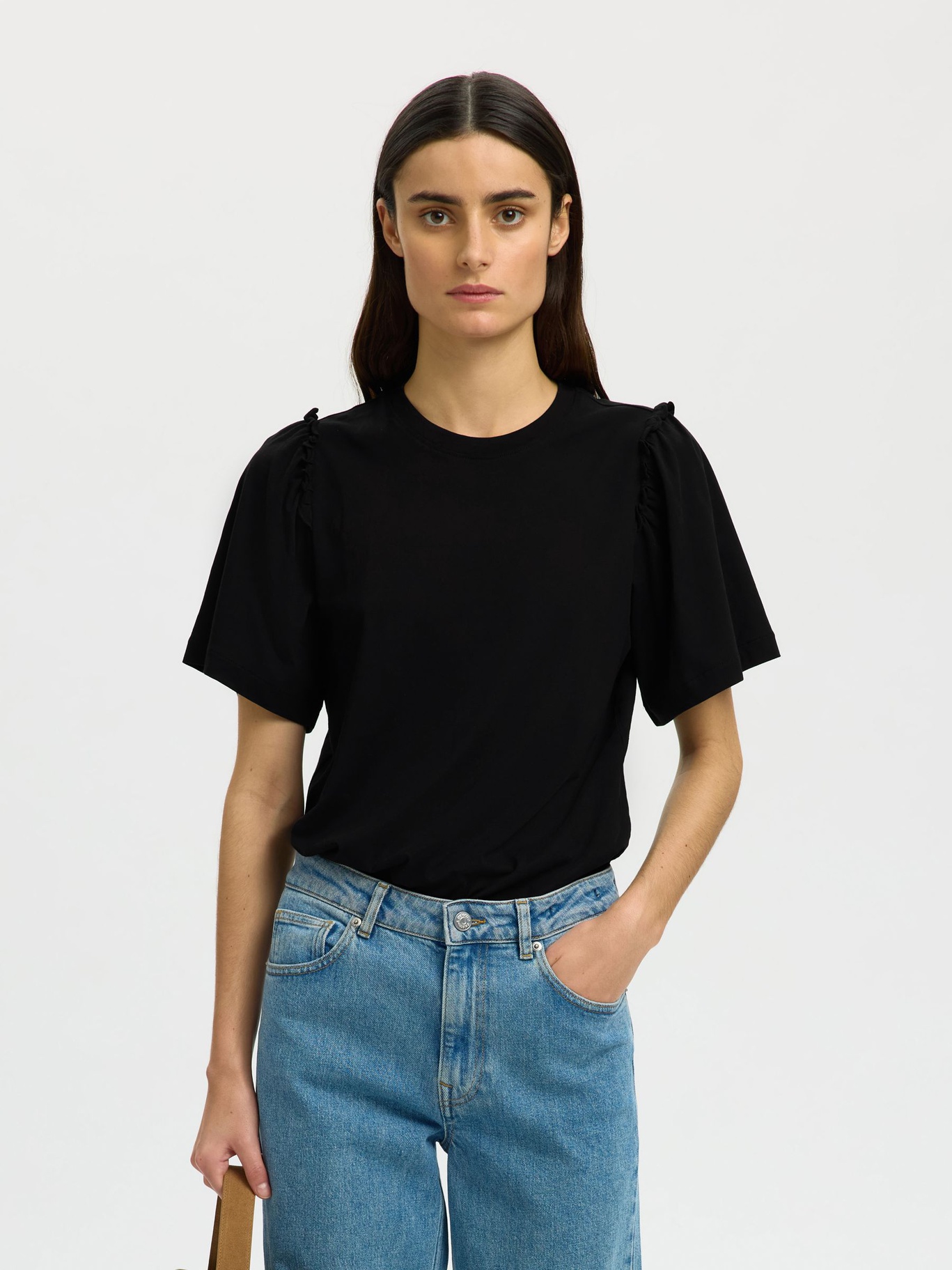 Selected Femme Ruffled Cotton T-shirt Black - 2