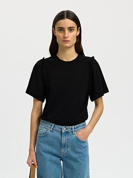 Selected Femme Ruffled Cotton T-shirt Black