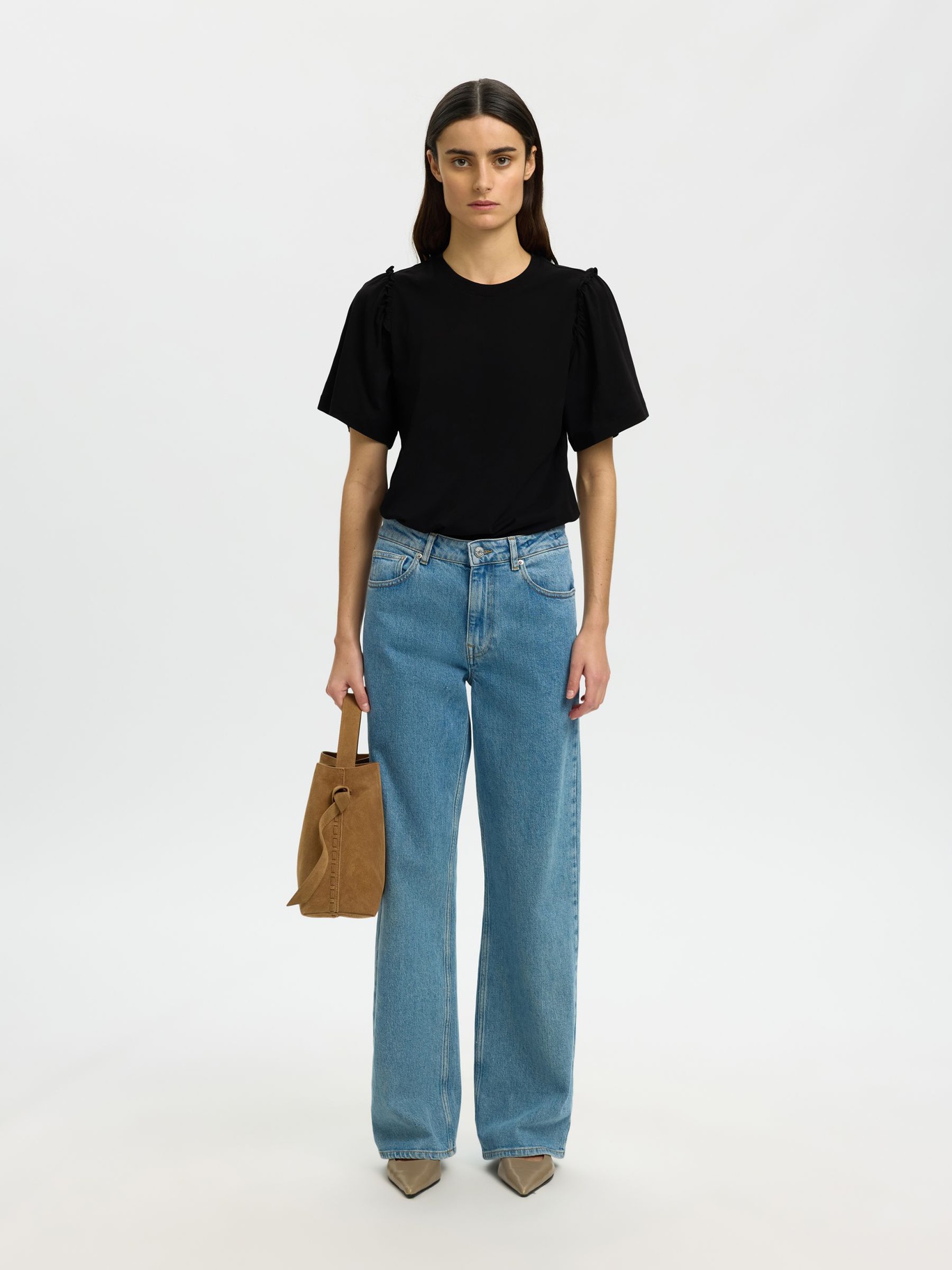 Selected Femme Ruffled Cotton T-shirt Black - 3