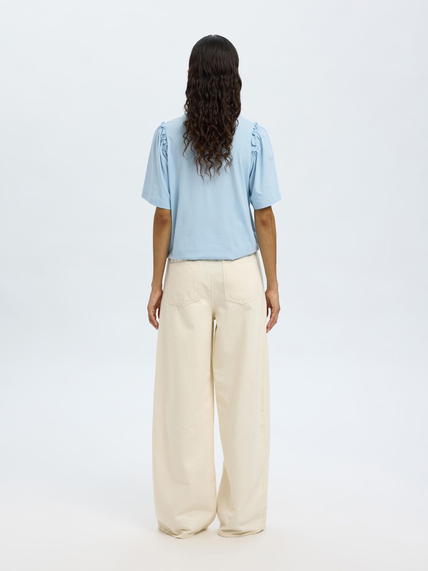 Selected Femme Ruffled Cotton T-shirt Blue - 4