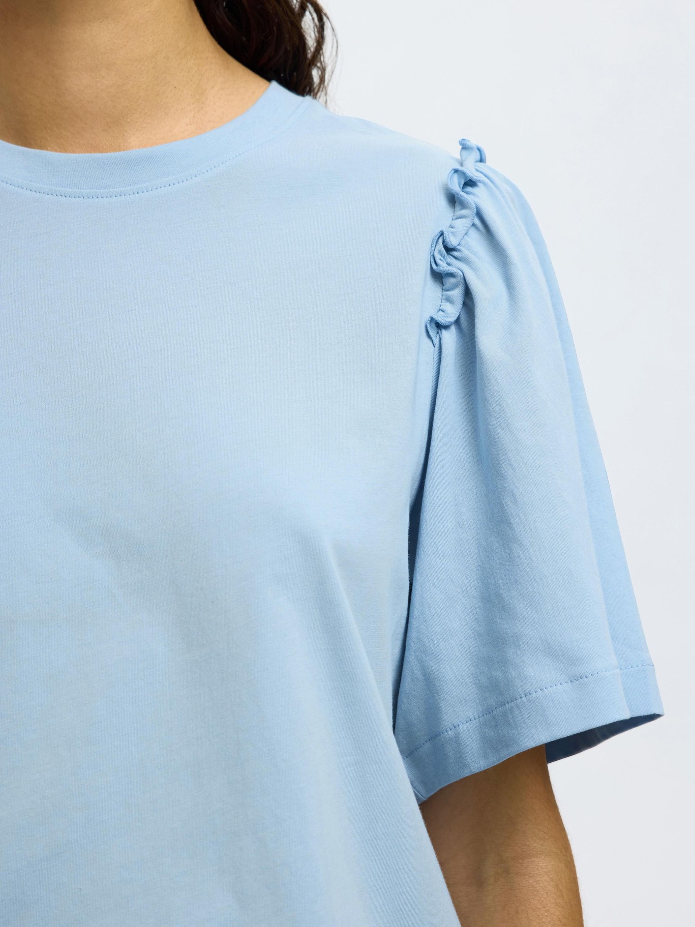 Selected Femme Ruffled Cotton T-shirt Blue - 5