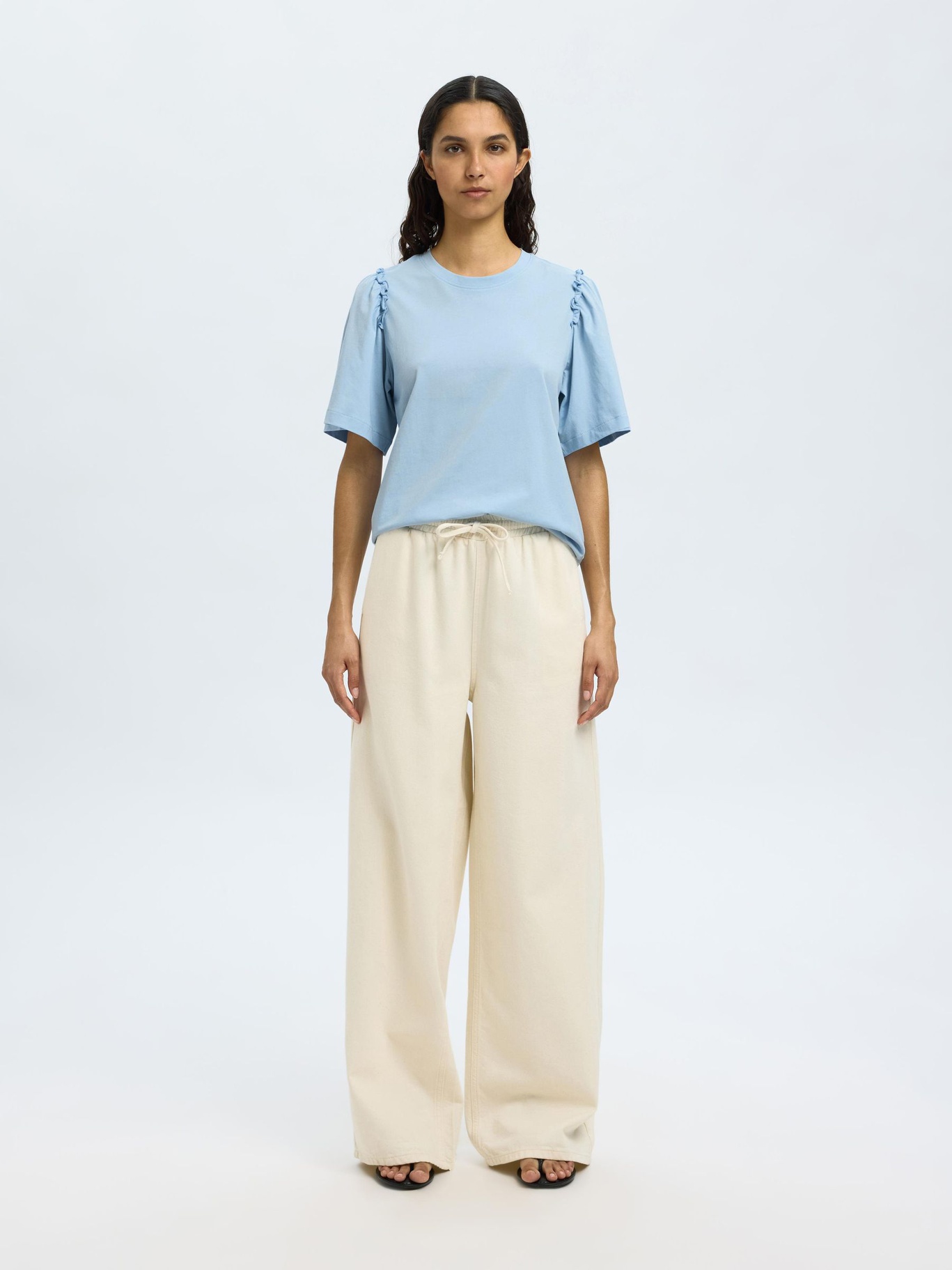 Selected Femme Ruffled Cotton T-shirt Blue - 3