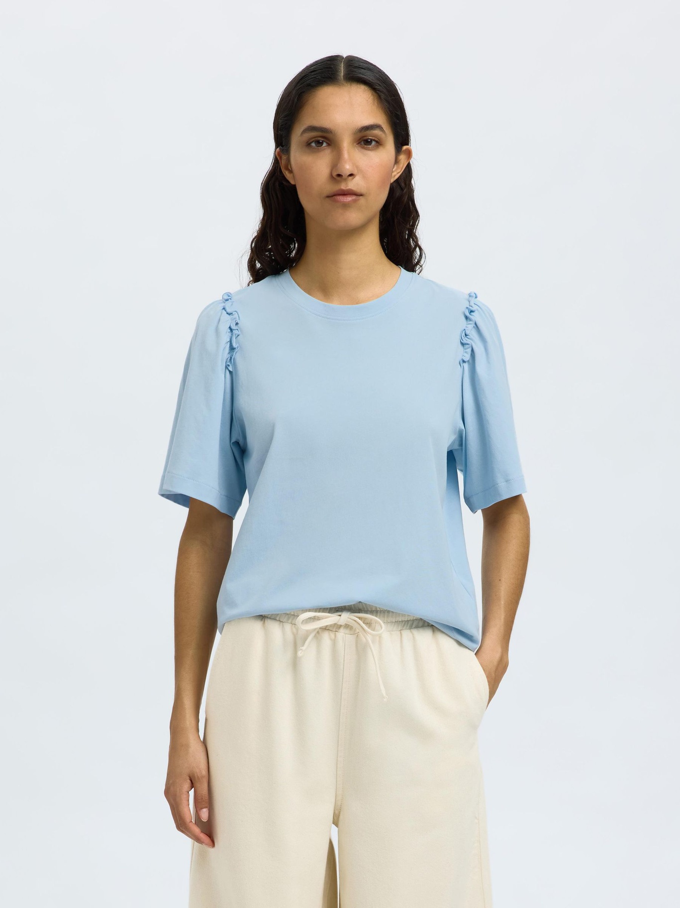 Selected Femme Ruffled Cotton T-shirt Blue - 2