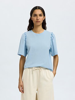 Selected Femme Ruffled Cotton T-shirt Blue