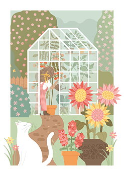 Under the Apple Tree : Greenhouse & White Cat- Kort med kuvert