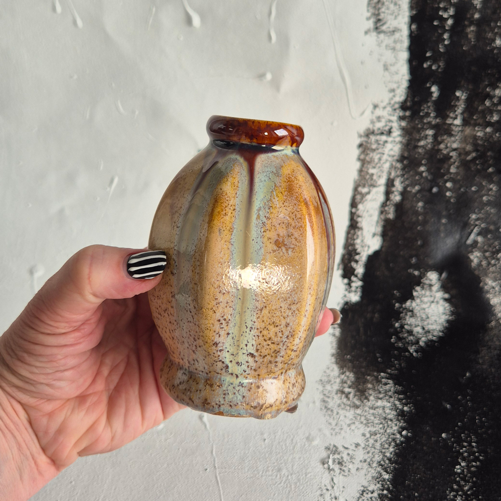 vintage VAS, med glasyr i beigebrunt och mintgrönt, h 12 cm - 4