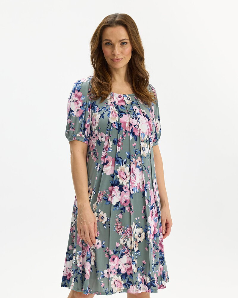 Klänning Lucette grön med rosa blommor