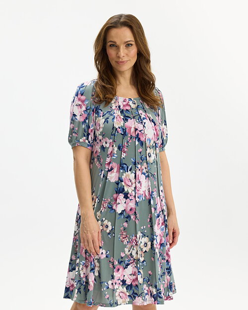 Klänning Lucette grön med rosa blommor