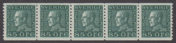 F 193, 85 öre Gustaf V profil vänster praktfemstrip **