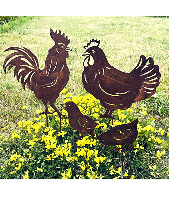 Hönsfamilj i rostig plåt. 1 höna, 1 tupp & 2 kycklingar. 23-42 cm