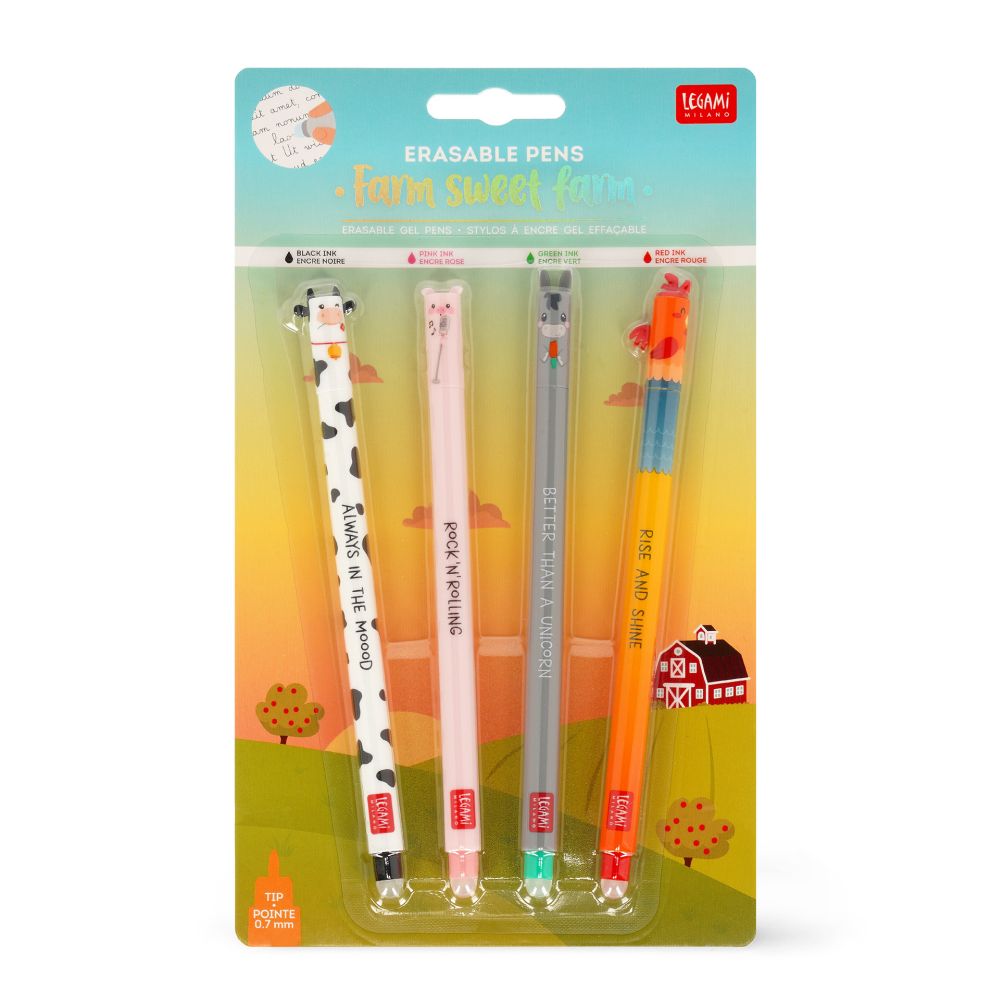 Gelpenna med utsuddbart bläck 4-pack - Farm sweet farm, Ko/Gris/Åsna/Tupp