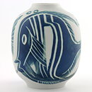 Carl-Harry Stålhane (1950s) Rounded Vase with Blue Fish Decor 16 cm