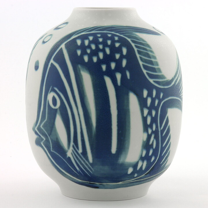 Carl-Harry Stålhane (1950s) Rounded Vase with Blue Fish Decor 16 cm