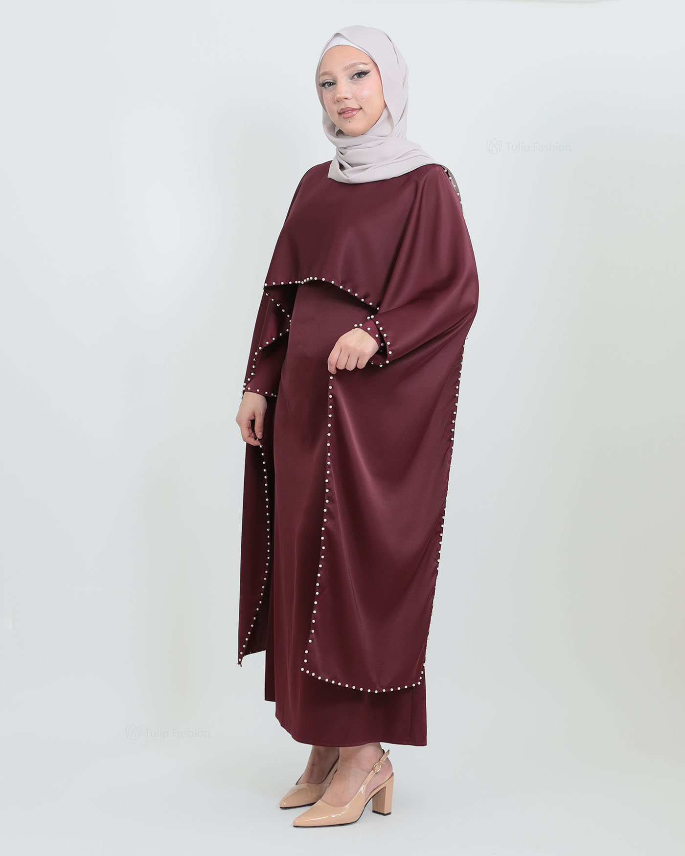 Maxi Dress with Cape - Wine Red - 4