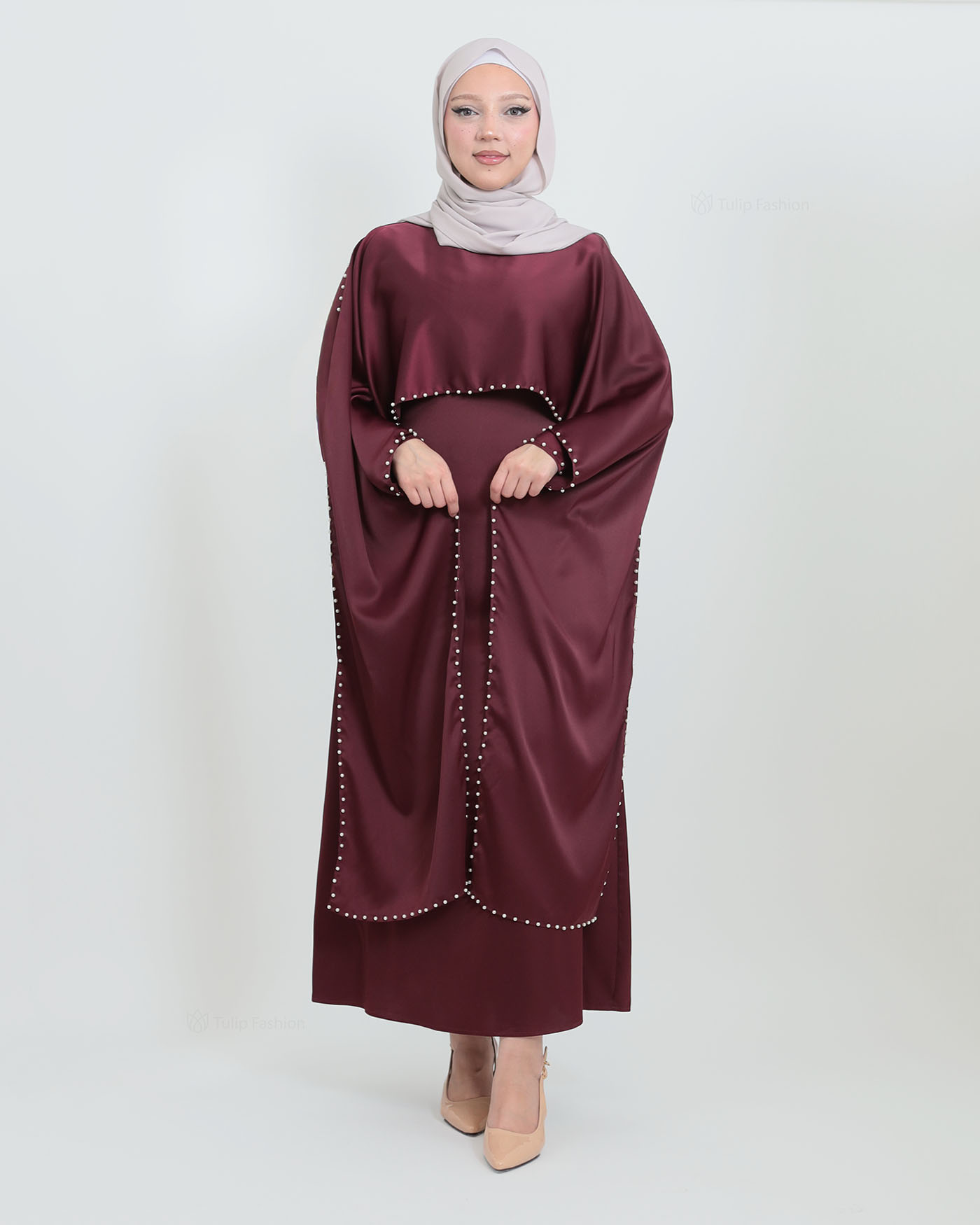 Maxi Dress with Cape - Wine Red - 3