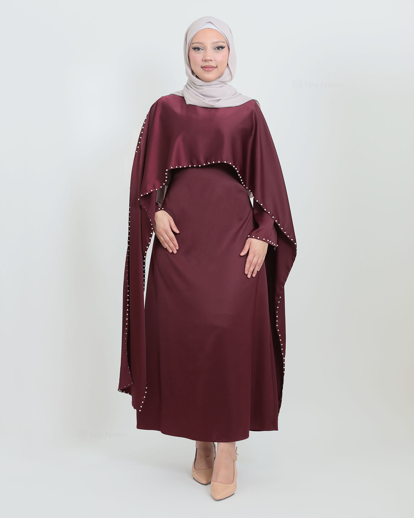 Maxi Dress with Cape - Wine Red - 2