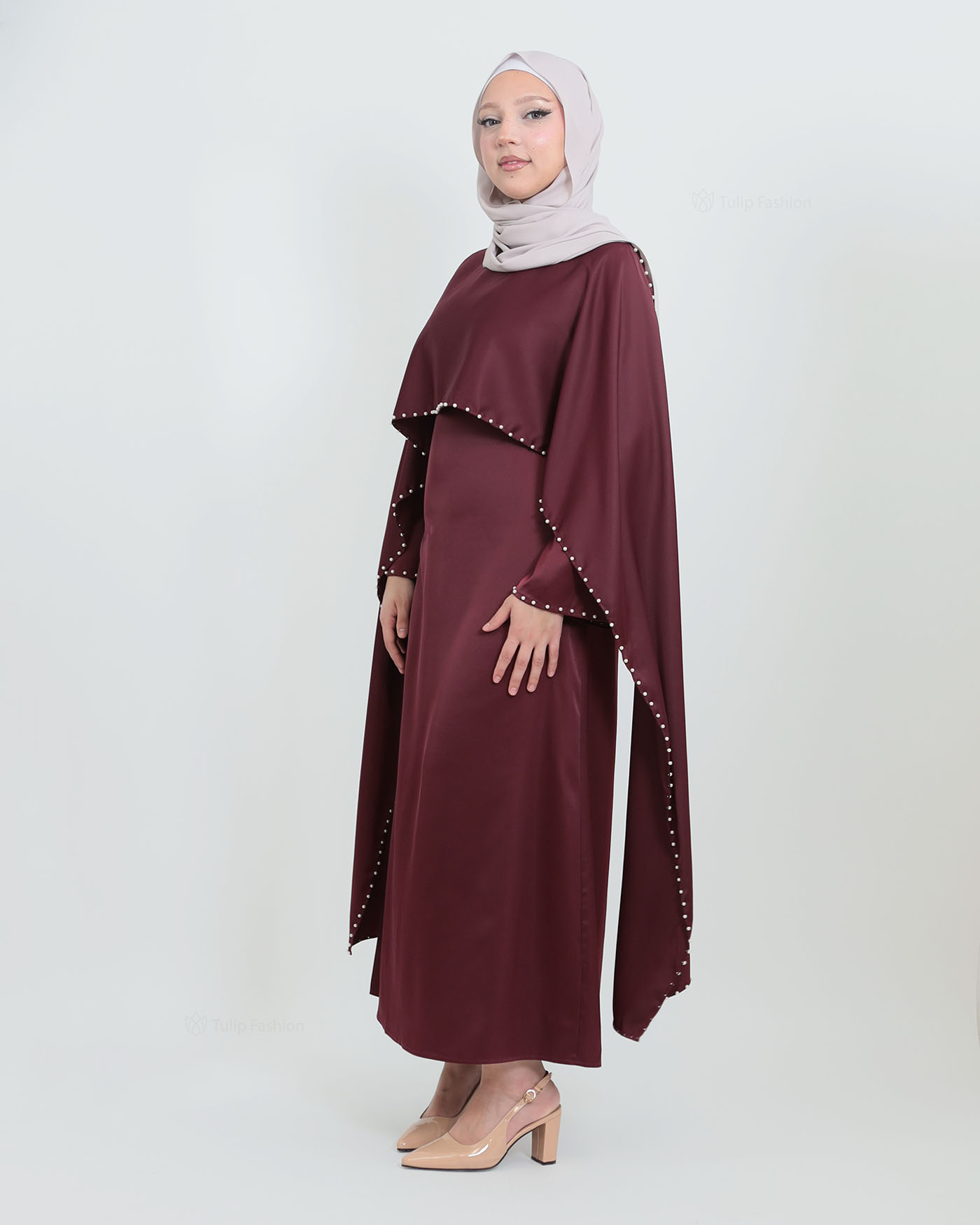 Maxi Dress with Cape - Wine Red - 5