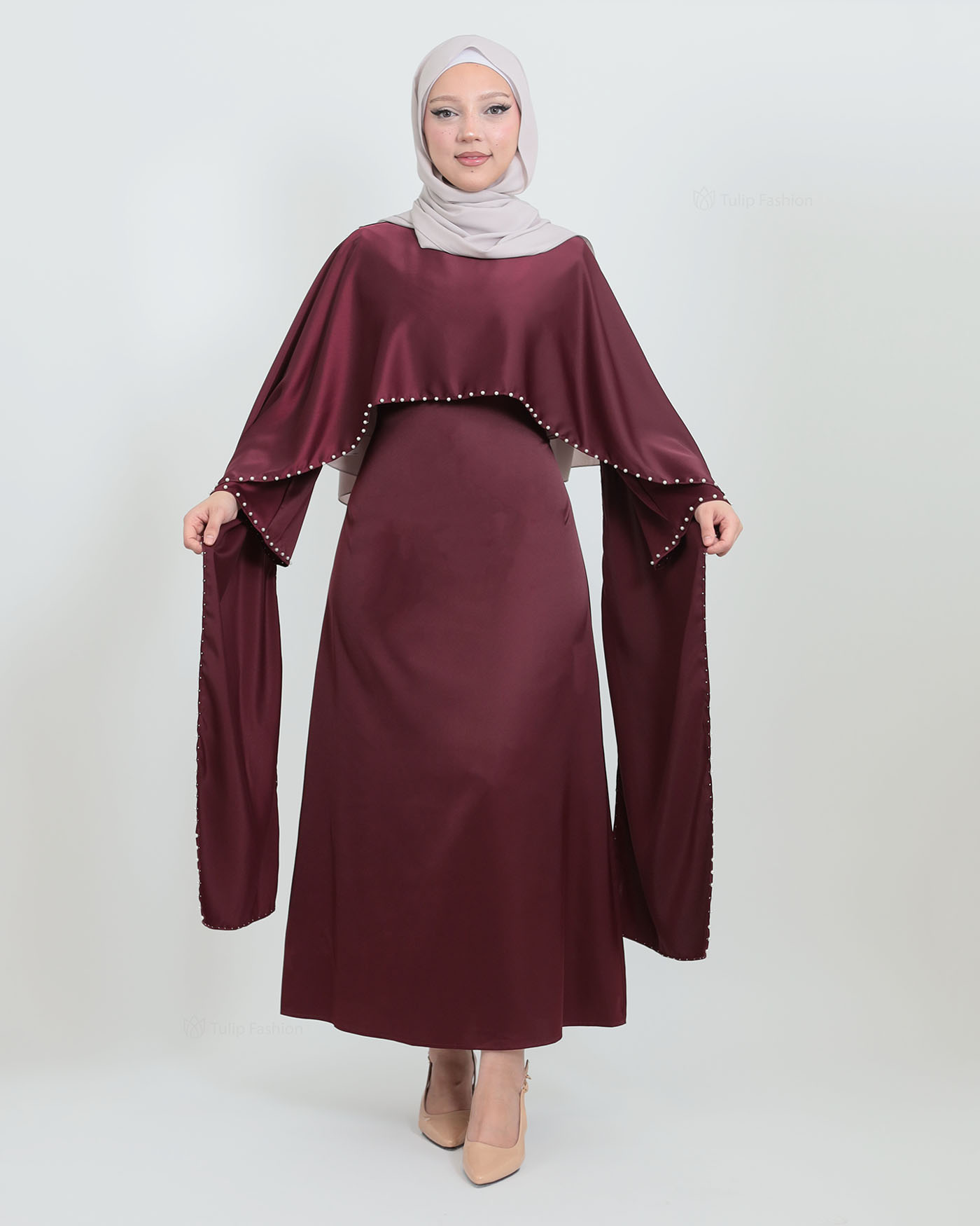 Maxi Dress with Cape - Wine Red