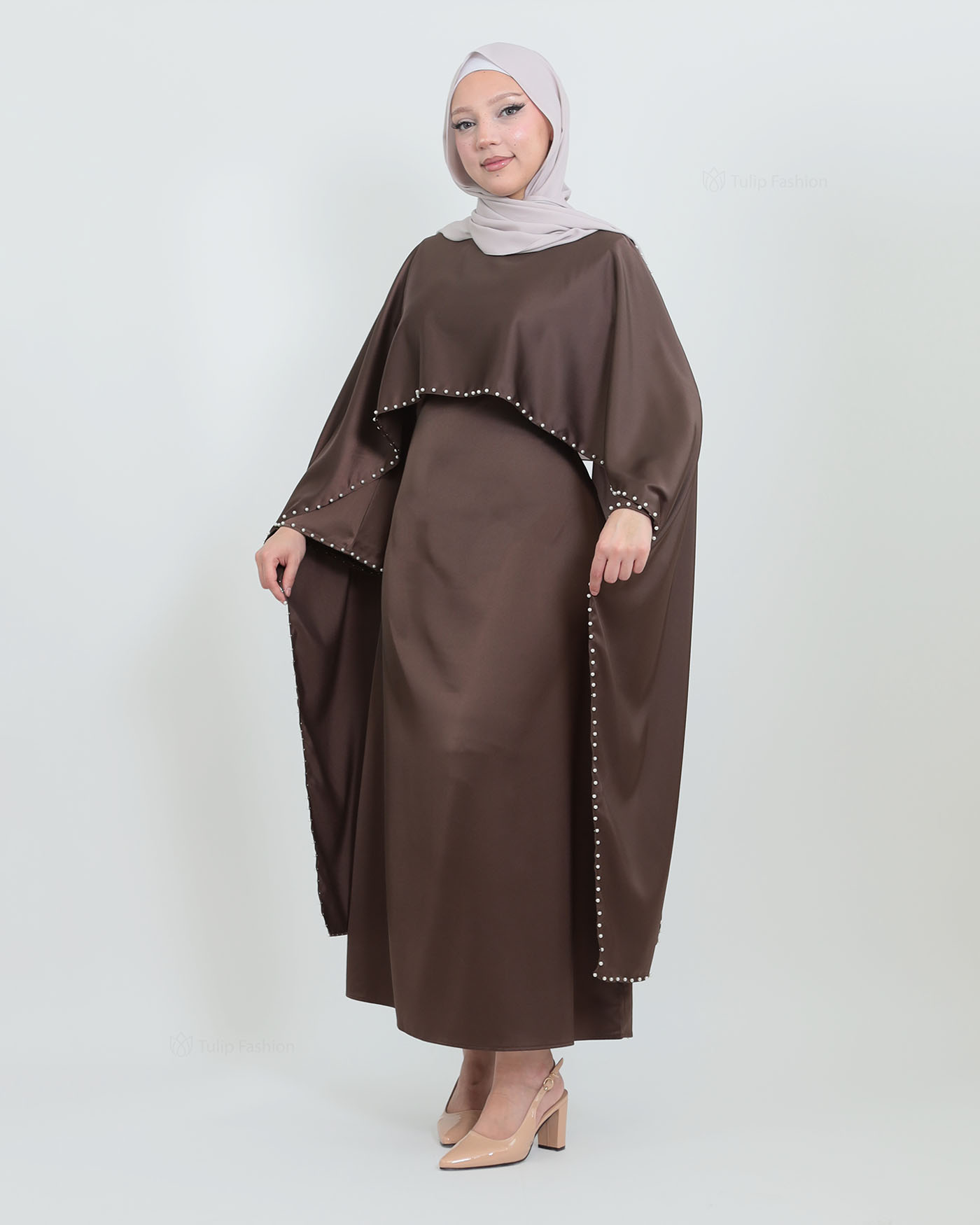 Maxi Dress with Cape - Brown - 6