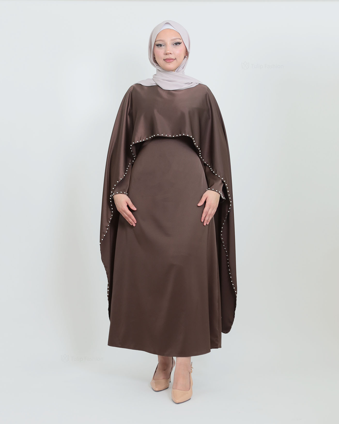 Maxi Dress with Cape - Brown - 5
