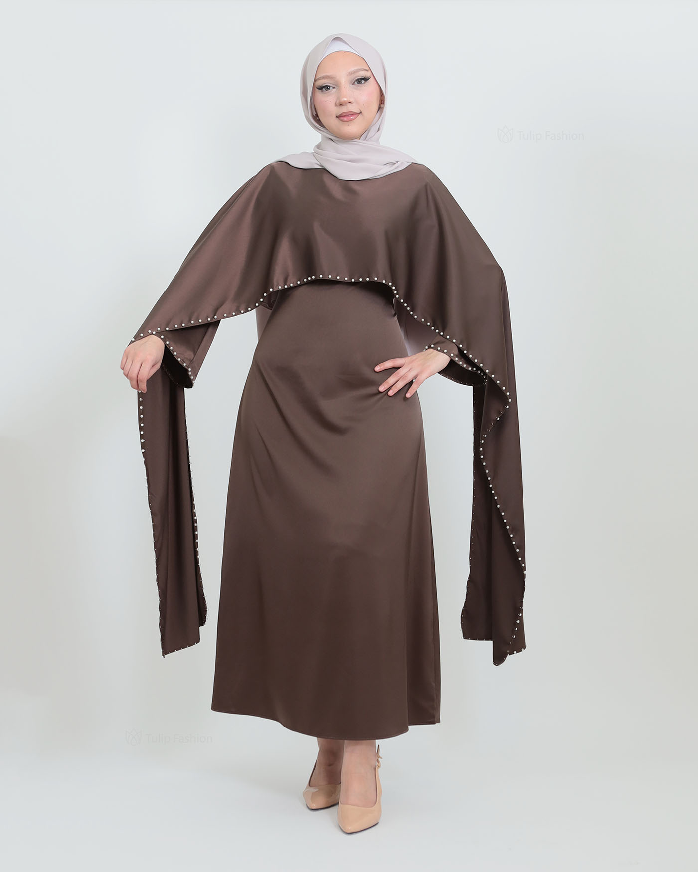 Maxi Dress with Cape - Brown